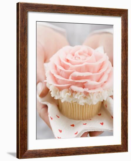 Hands Holding Cupcake with Marzipan Rose-null-Framed Photographic Print