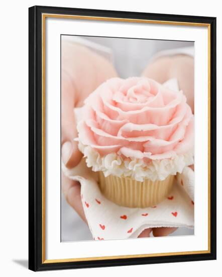 Hands Holding Cupcake with Marzipan Rose-null-Framed Photographic Print