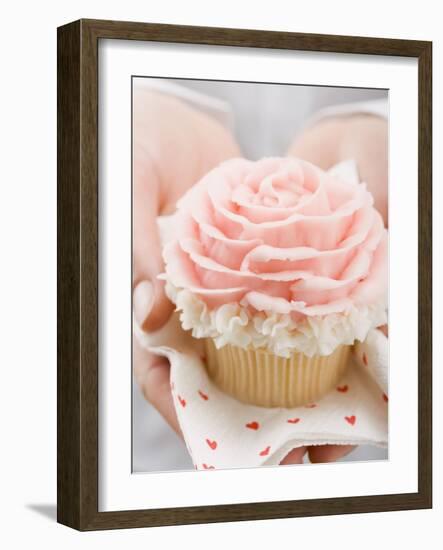 Hands Holding Cupcake with Marzipan Rose-null-Framed Photographic Print