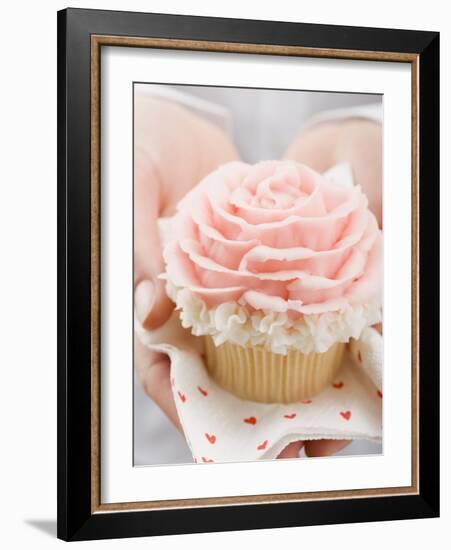 Hands Holding Cupcake with Marzipan Rose-null-Framed Photographic Print