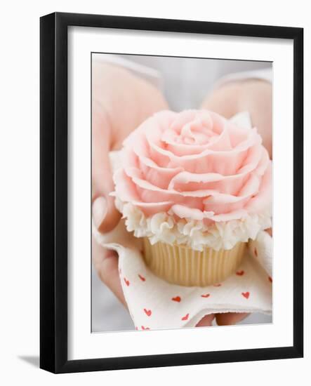 Hands Holding Cupcake with Marzipan Rose-null-Framed Photographic Print