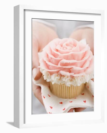 Hands Holding Cupcake with Marzipan Rose-null-Framed Photographic Print