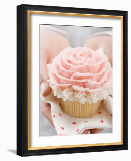 Hands Holding Cupcake with Marzipan Rose-null-Framed Photographic Print