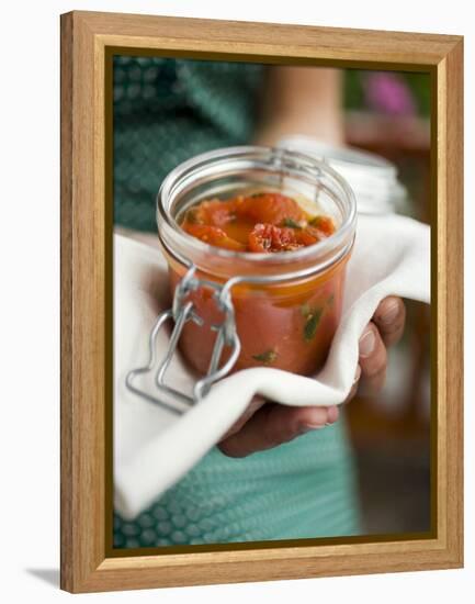 Hands Holding Preserving Jar of Tomato Sauce-null-Framed Premier Image Canvas