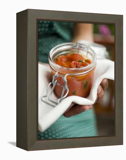 Hands Holding Preserving Jar of Tomato Sauce-null-Framed Premier Image Canvas