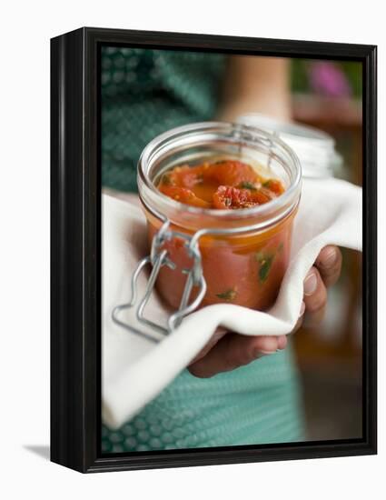 Hands Holding Preserving Jar of Tomato Sauce-null-Framed Premier Image Canvas