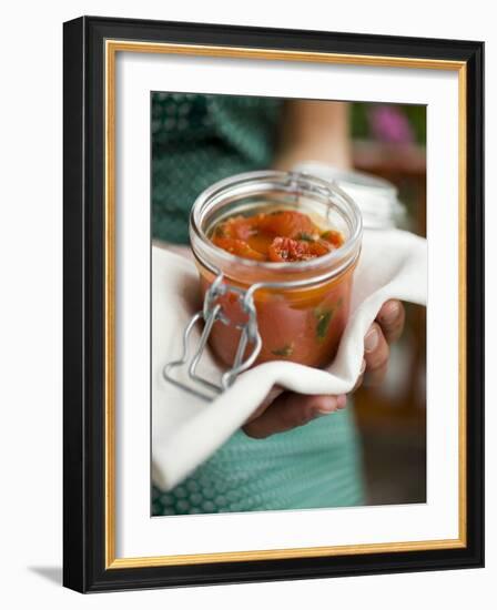 Hands Holding Preserving Jar of Tomato Sauce-null-Framed Photographic Print