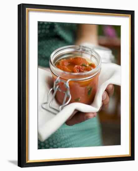Hands Holding Preserving Jar of Tomato Sauce-null-Framed Photographic Print