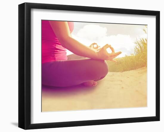 Hands of a Woman Meditating in a Yoga Pose on the Beach Done with an Instagram like Filter-graphicphoto-Framed Photographic Print