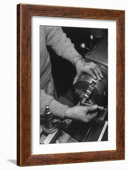 Hands of Lathe Worker-Ansel Adams-Framed Art Print