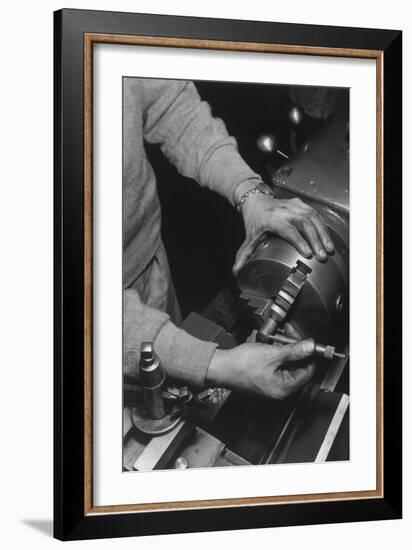 Hands of Lathe Worker-Ansel Adams-Framed Art Print