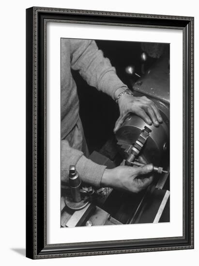 Hands of Lathe Worker-Ansel Adams-Framed Art Print