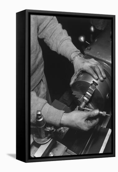 Hands of Lathe Worker-Ansel Adams-Framed Stretched Canvas