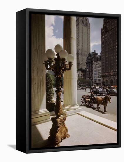 Handsome Cab Horse Drawn Carriage Waiting Outside Entrance of the Plaza Hotel-Dmitri Kessel-Framed Premier Image Canvas