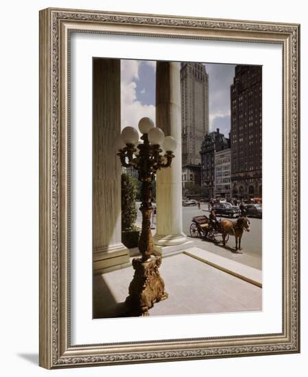 Handsome Cab Horse Drawn Carriage Waiting Outside Entrance of the Plaza Hotel-Dmitri Kessel-Framed Photographic Print