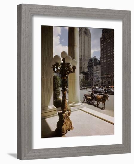 Handsome Cab Horse Drawn Carriage Waiting Outside Entrance of the Plaza Hotel-Dmitri Kessel-Framed Photographic Print