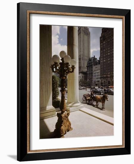 Handsome Cab Horse Drawn Carriage Waiting Outside Entrance of the Plaza Hotel-Dmitri Kessel-Framed Photographic Print