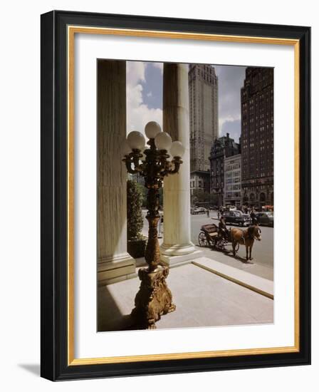 Handsome Cab Horse Drawn Carriage Waiting Outside Entrance of the Plaza Hotel-Dmitri Kessel-Framed Photographic Print