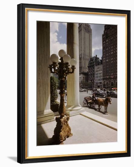 Handsome Cab Horse Drawn Carriage Waiting Outside Entrance of the Plaza Hotel-Dmitri Kessel-Framed Photographic Print