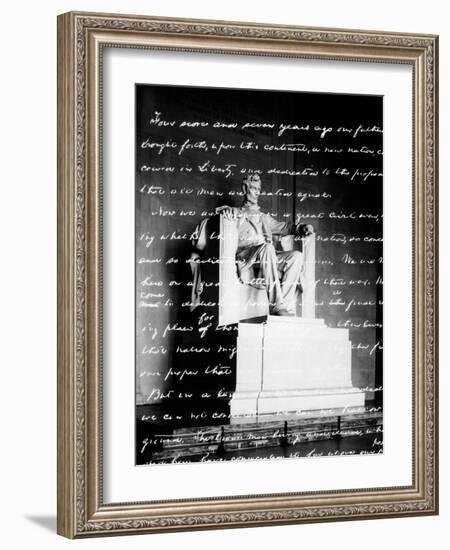 Handwritten Gettysburg Address Superimposed over Statue at Lincoln Memorial-null-Framed Photographic Print