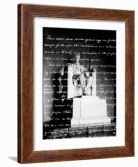 Handwritten Gettysburg Address Superimposed over Statue at Lincoln Memorial-null-Framed Photographic Print