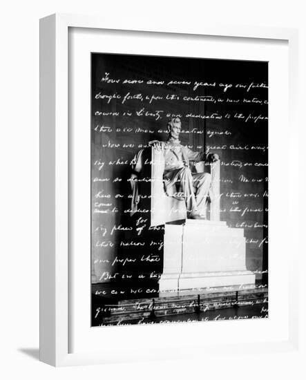 Handwritten Gettysburg Address Superimposed over Statue at Lincoln Memorial-null-Framed Photographic Print