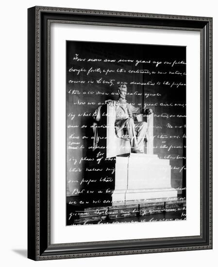 Handwritten Gettysburg Address Superimposed over Statue at Lincoln Memorial-null-Framed Photographic Print