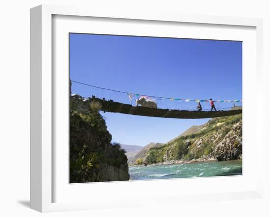 Hanging Bridge Across the River, Shigatse, Tibet, China-Keren Su-Framed Photographic Print