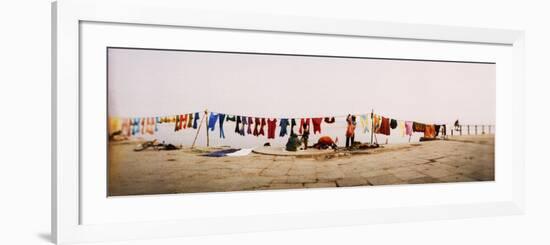 Hanging Clothes Out to Dry after Washing Them in the River, Ganges River, Varanasi, Uttar Pradesh, -null-Framed Photographic Print