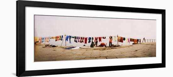 Hanging Clothes Out to Dry after Washing Them in the River, Ganges River, Varanasi, Uttar Pradesh, -null-Framed Photographic Print