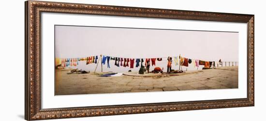 Hanging Clothes Out to Dry after Washing Them in the River, Ganges River, Varanasi, Uttar Pradesh, -null-Framed Photographic Print