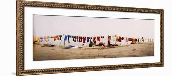 Hanging Clothes Out to Dry after Washing Them in the River, Ganges River, Varanasi, Uttar Pradesh, -null-Framed Photographic Print