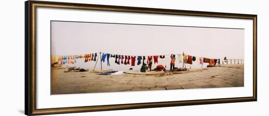 Hanging Clothes Out to Dry after Washing Them in the River, Ganges River, Varanasi, Uttar Pradesh, -null-Framed Photographic Print