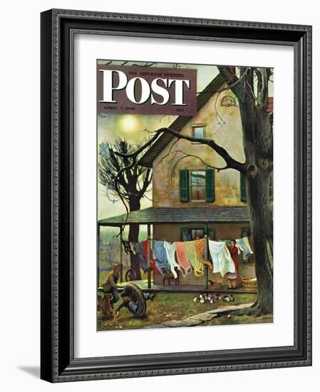 "Hanging Clothes Out to Dry," Saturday Evening Post Cover, April 7, 1945-John Falter-Framed Premium Giclee Print