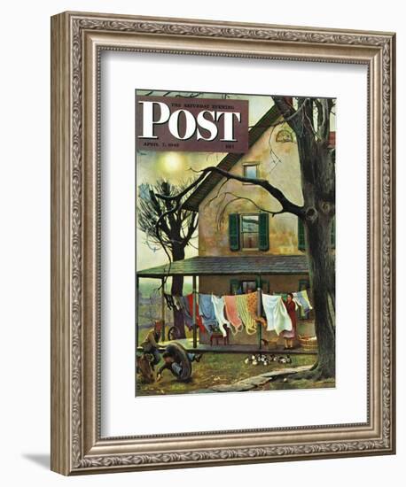 "Hanging Clothes Out to Dry," Saturday Evening Post Cover, April 7, 1945-John Falter-Framed Premium Giclee Print