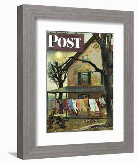 "Hanging Clothes Out to Dry," Saturday Evening Post Cover, April 7, 1945-John Falter-Framed Premium Giclee Print