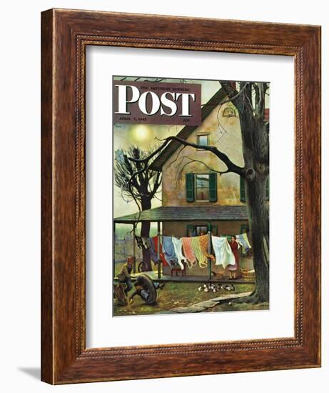 "Hanging Clothes Out to Dry," Saturday Evening Post Cover, April 7, 1945-John Falter-Framed Premium Giclee Print