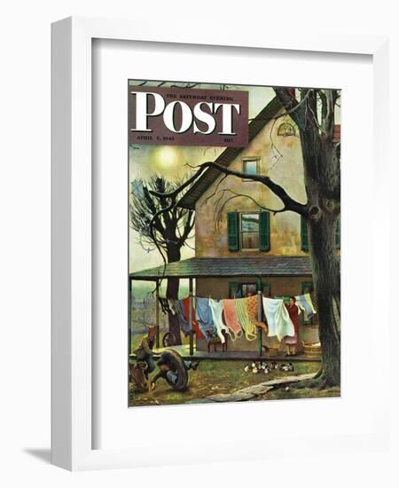 "Hanging Clothes Out to Dry," Saturday Evening Post Cover, April 7, 1945-John Falter-Framed Premium Giclee Print