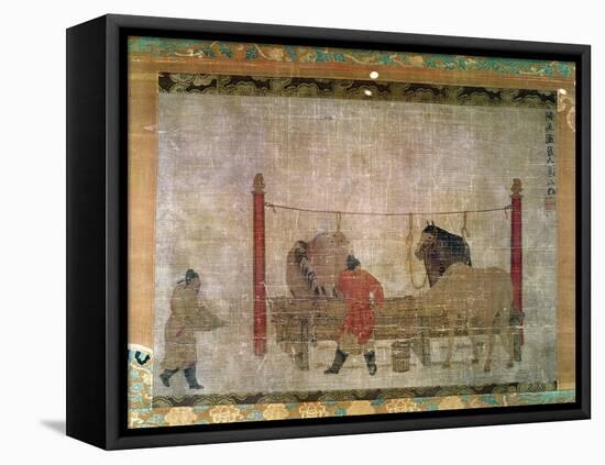 Hanging, of Grooms Feeding Horses, Ink and Watercolour on Silk, Attributed to Jen Jen-Far, Chinese-null-Framed Premier Image Canvas