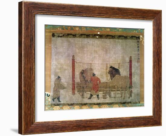 Hanging, of Grooms Feeding Horses, Ink and Watercolour on Silk, Attributed to Jen Jen-Far, Chinese-null-Framed Giclee Print