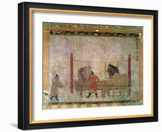 Hanging, of Grooms Feeding Horses, Ink and Watercolour on Silk, Attributed to Jen Jen-Far, Chinese-null-Framed Giclee Print