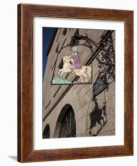 Hanging Sign of a Horseman, Place Jean Moulin, St. Malo, Brittany, France, Europe-Nick Servian-Framed Photographic Print