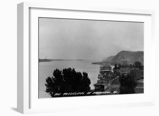 Hannibal, Missouri - View of Mississippi River and Docked Riverboat-Lantern Press-Framed Art Print