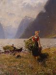 Girl with Buckets of Water and Boy Fishing-Hans Andreas Dahl-Giclee Print