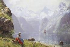 A Girl with Goats by a Fjord-Hans Andreas Dahl-Giclee Print