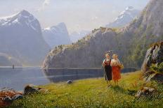 A Girl with Goats by a Fjord-Hans Andreas Dahl-Giclee Print