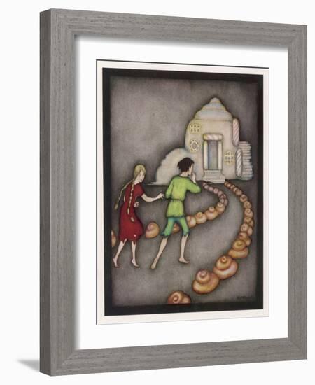 Hansel and Gretel Follow the Path up to the Witches House-Jennie Harbour-Framed Art Print