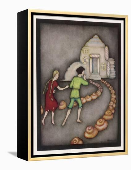 Hansel and Gretel Follow the Path up to the Witches House-Jennie Harbour-Framed Stretched Canvas