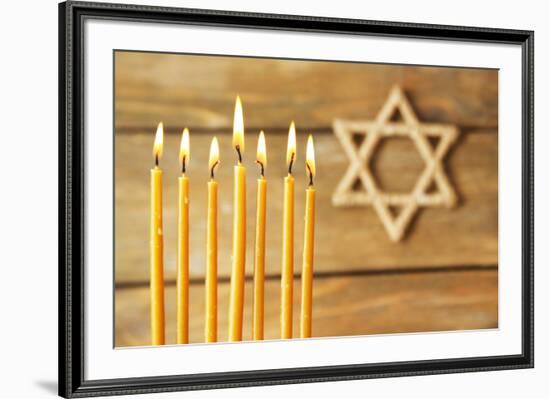 Hanukkah Candle on Wooden Background-Yastremska-Framed Photographic Print