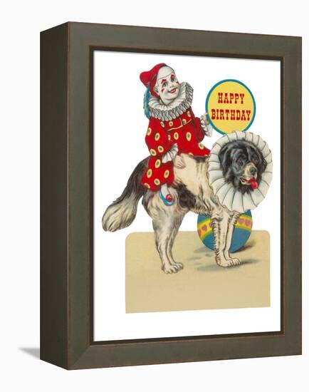 Happy Birthday, Clown on St. Bernard-null-Framed Stretched Canvas